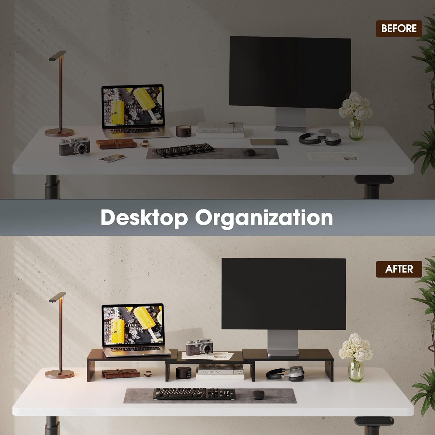 Dual Monitor Stand Riser, Adjustable Length and Angle, Black