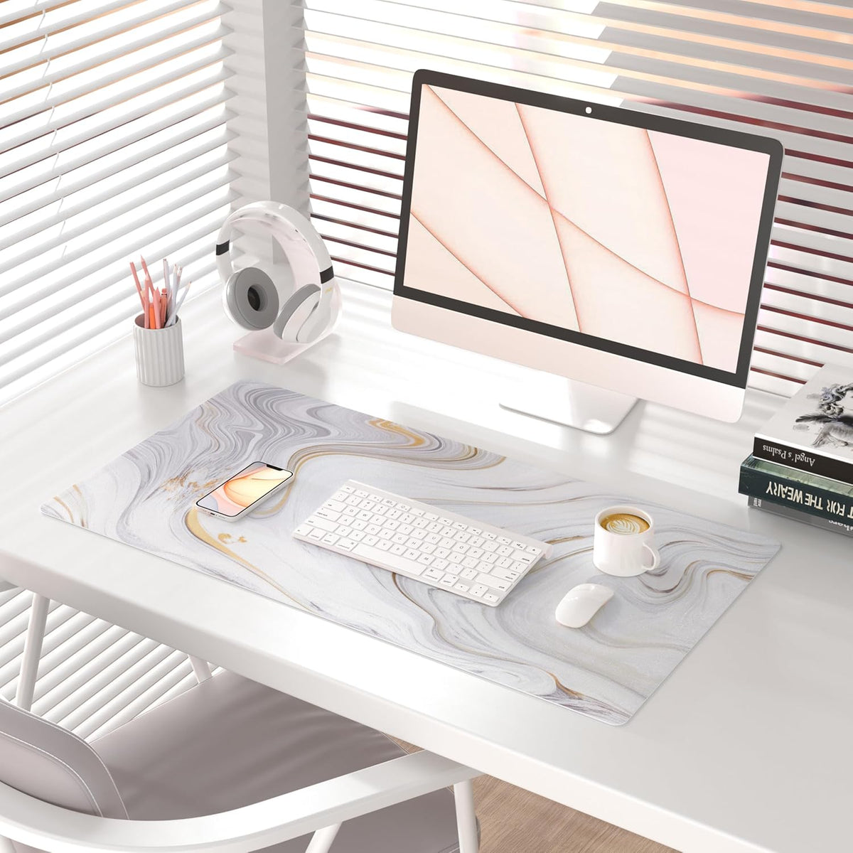 Large PU Leather Mouse Pad with Gold Stripes, 31.5" x 15.7", Ideal for Office Decor