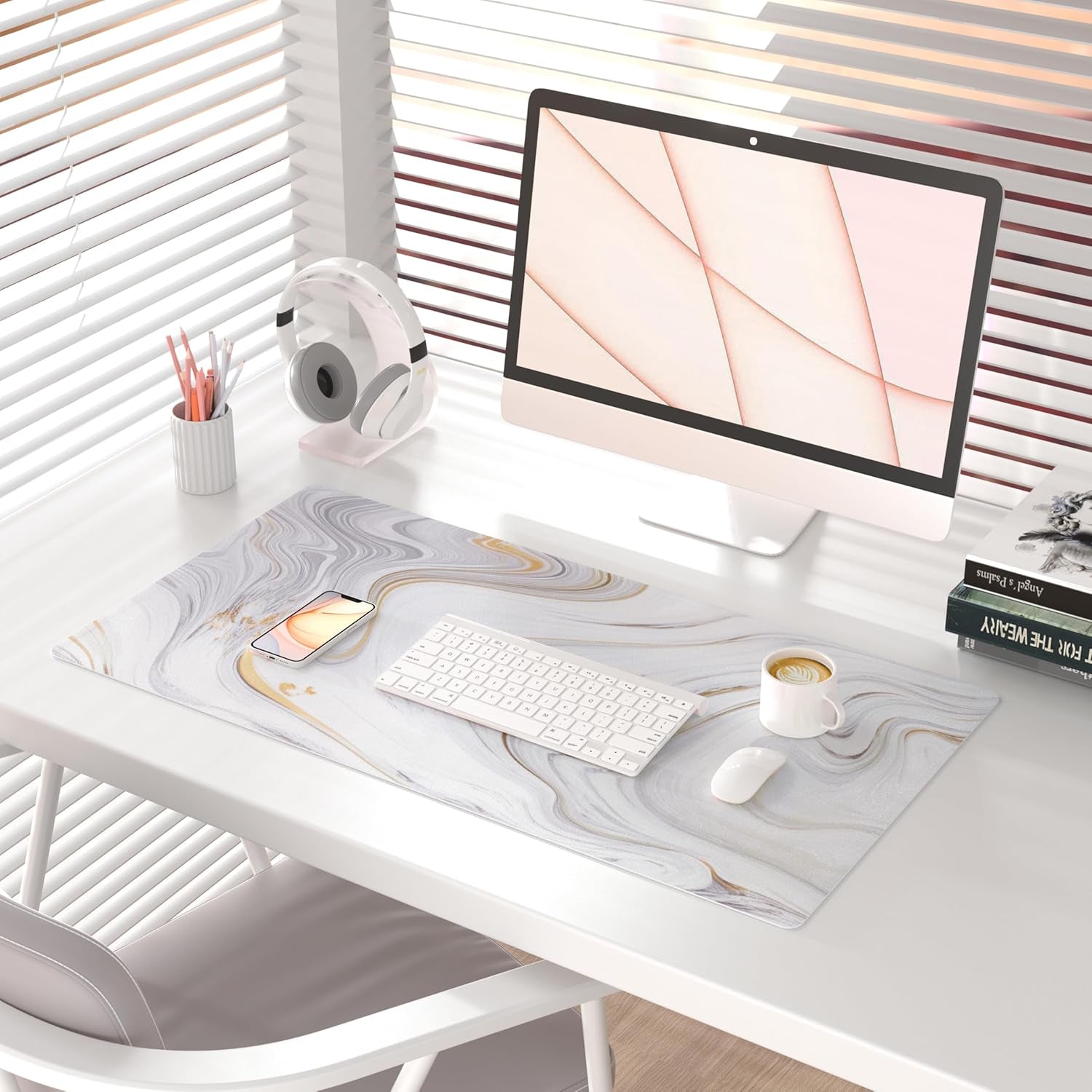 Large PU Leather Mouse Pad with Gold Stripes, 31.5" x 15.7", Ideal for Office Decor