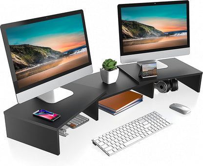 Dual Monitor Stand Riser, Adjustable Length and Angle, Black