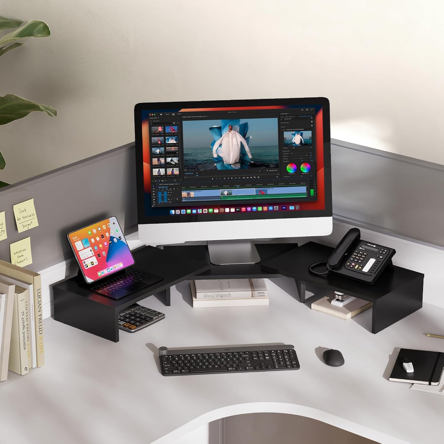 Dual Monitor Stand Riser, Adjustable Length and Angle, Black
