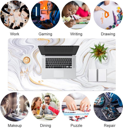 Large PU Leather Mouse Pad with Gold Stripes, 31.5" x 15.7", Ideal for Office Decor