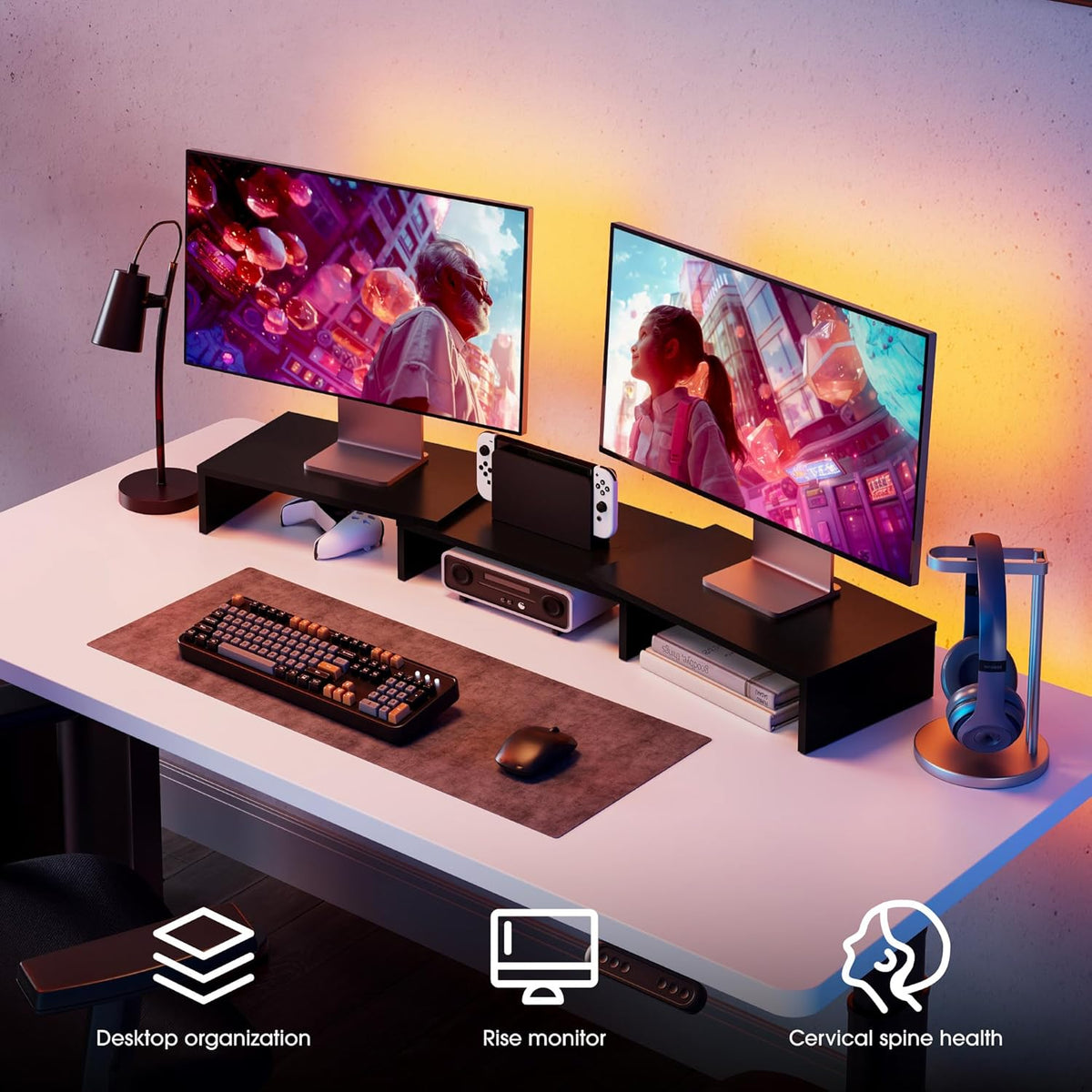 Dual Monitor Stand Riser, Adjustable Length and Angle, Black