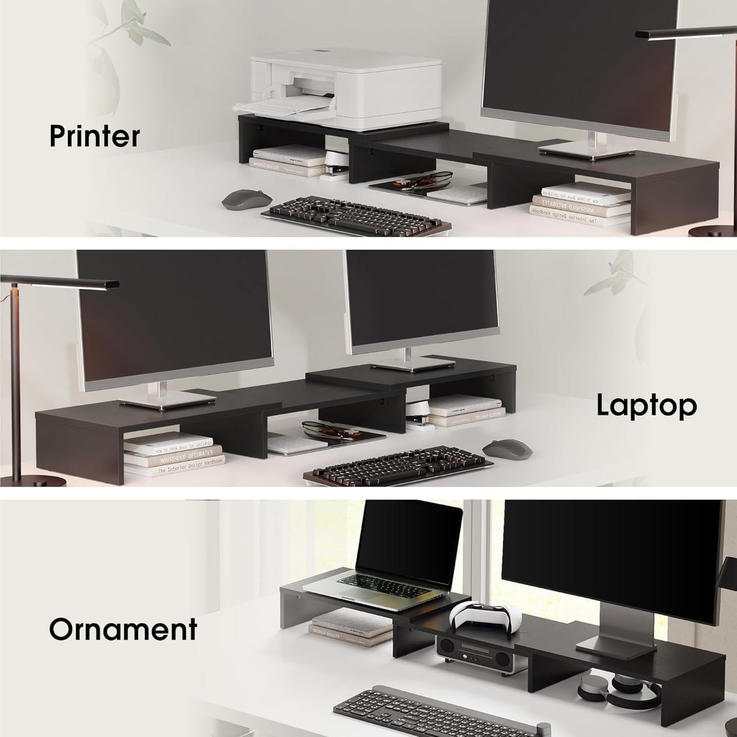 Dual Monitor Stand Riser, Adjustable Length and Angle, Black