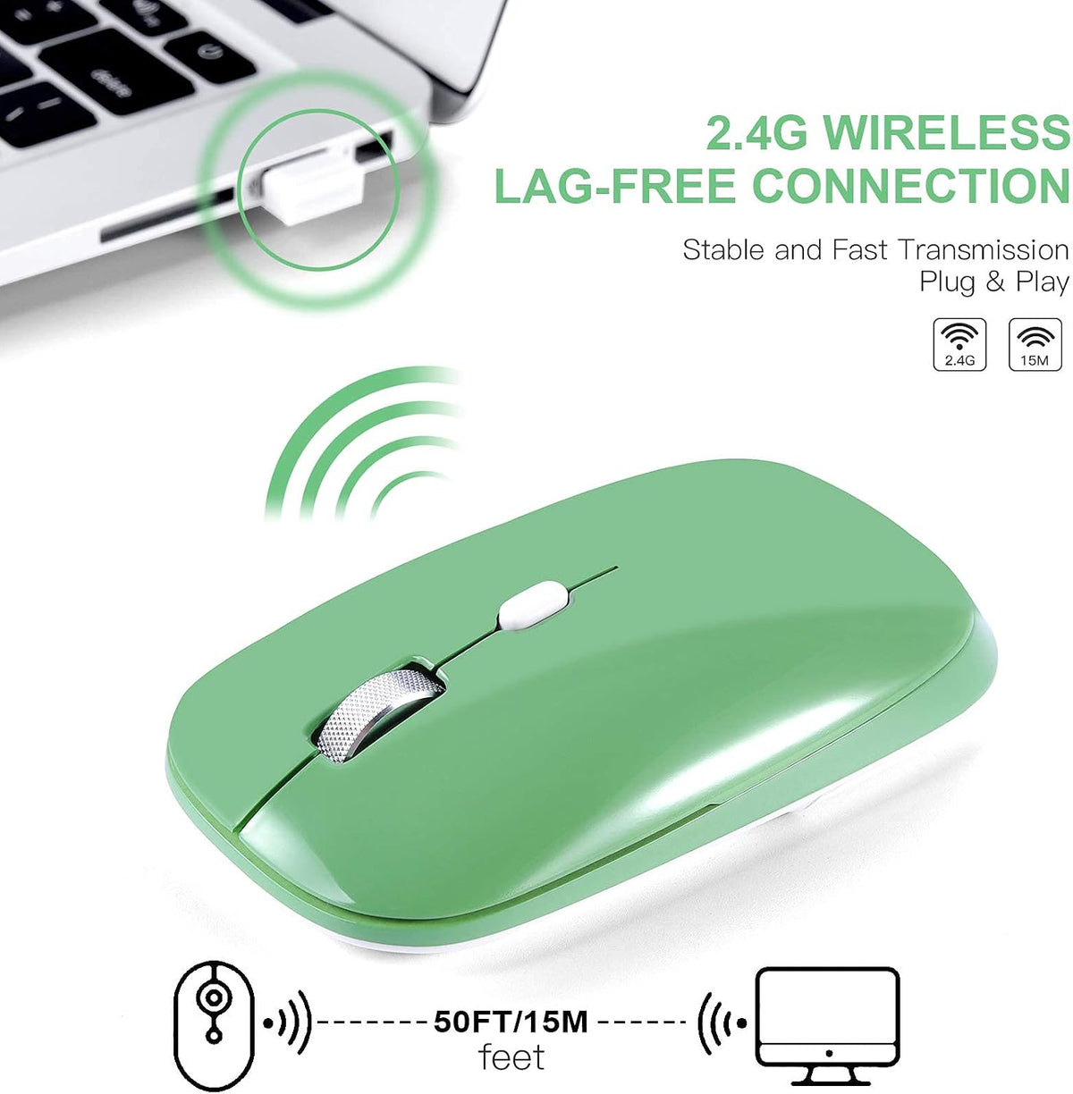 Wireless Mouse, 2.4G Slim Silent Cordless Mouse with USB Receiver, 3 Adjustable DPI Portable Optical Wireless Computer Mice for Laptop, PC, Notebook, Computer, Desktop, Mac (Green)