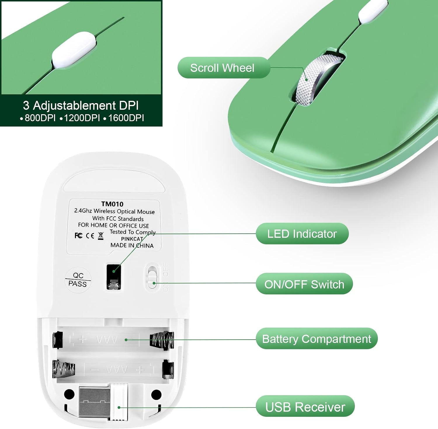 Wireless Mouse, 2.4G Slim Silent Cordless Mouse with USB Receiver, 3 Adjustable DPI Portable Optical Wireless Computer Mice for Laptop, PC, Notebook, Computer, Desktop, Mac (Green)