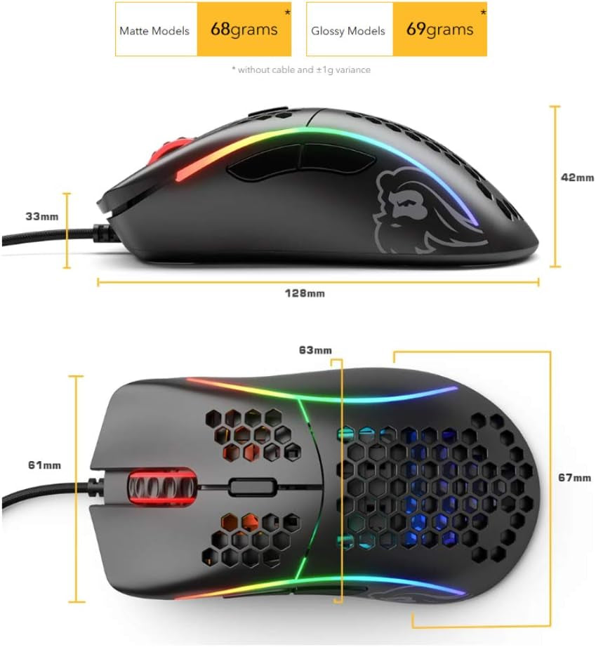Model D Wired Gaming Mouse - 68G Ultra-Lightweight Honeycomb Structure, RGB Lighting, Ergonomic Design, Pixart 3360 Sensor, Omron Switches, PTFE Feet, 6 Programmable Buttons - Glossy White