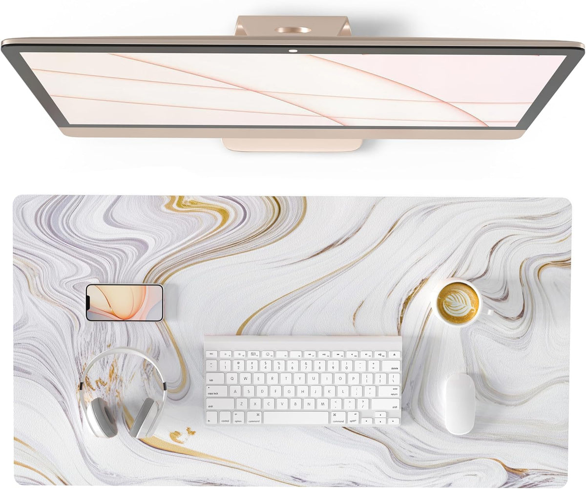 Large PU Leather Mouse Pad with Gold Stripes, 31.5" x 15.7", Ideal for Office Decor