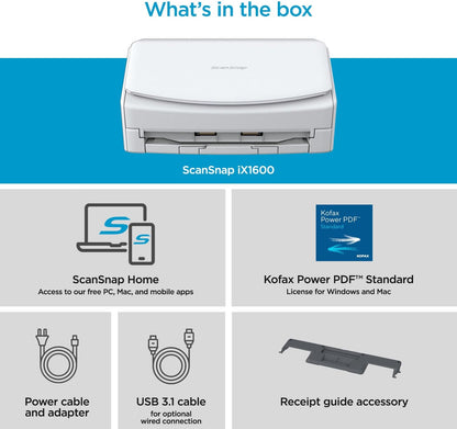Ix1600 Photo and Document Scanner, Wireless or USB, White