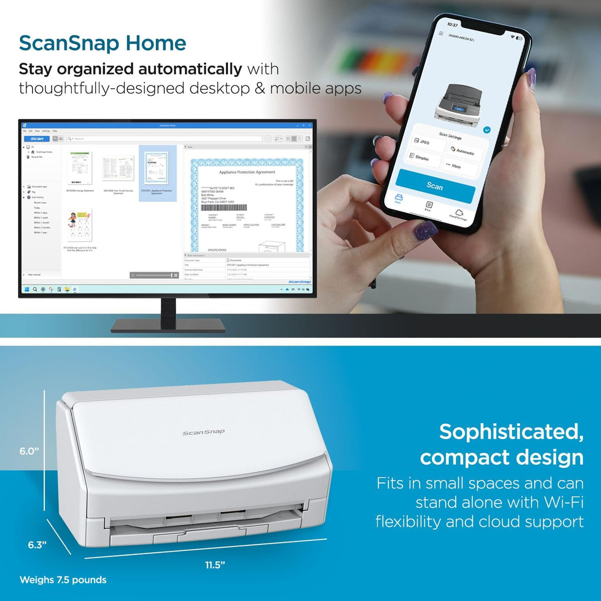 Ix1600 Photo and Document Scanner, Wireless or USB, White