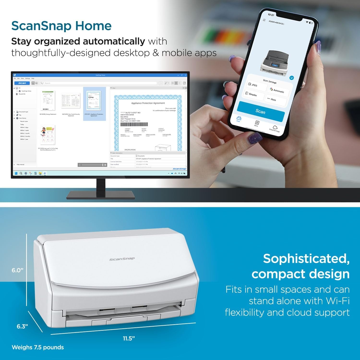 Ix1600 Photo and Document Scanner, Wireless or USB, White