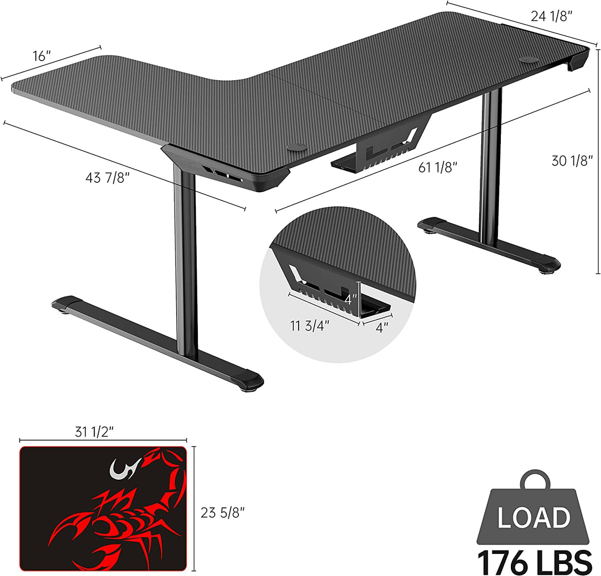 Gaming Desk, 60 Inch L-Shaped Computer Desk, Right, Black