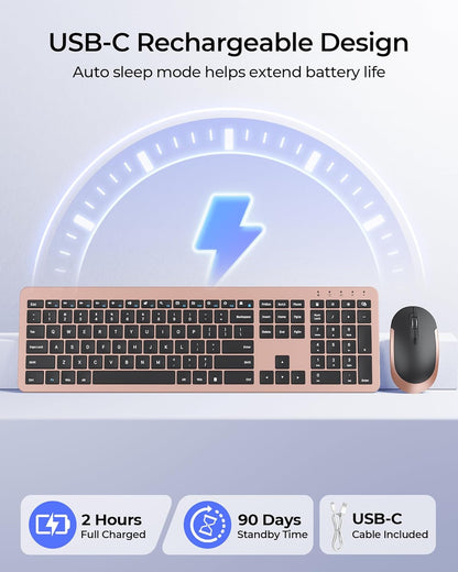 Rechargeable Wireless Keyboard and Mouse Combo, Rose Gold & Black