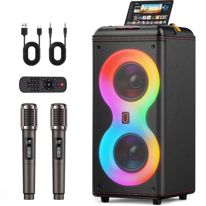 Party Speaker, Portable Outdoor Bluetooth Speaker with 2 Microphones, Led Lighting, Retro Leather Deep Bass PA System for Singing, T39