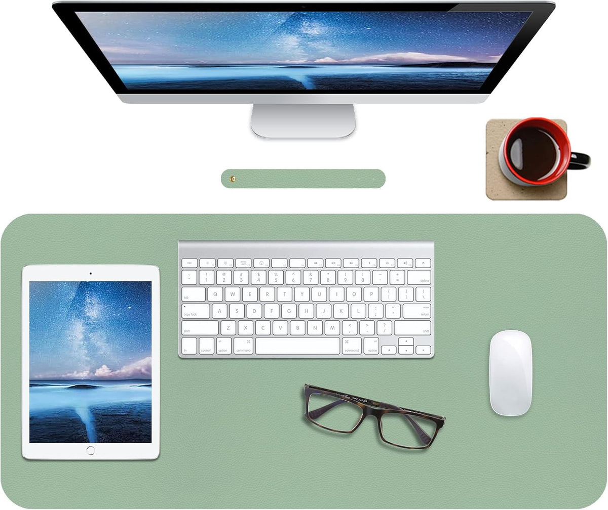 Leather Desk Pad Protector - Non-Slip Mouse Pad and Writing Surface for Office and Home, Waterproof Blotter (M-Green, 30" x 14")